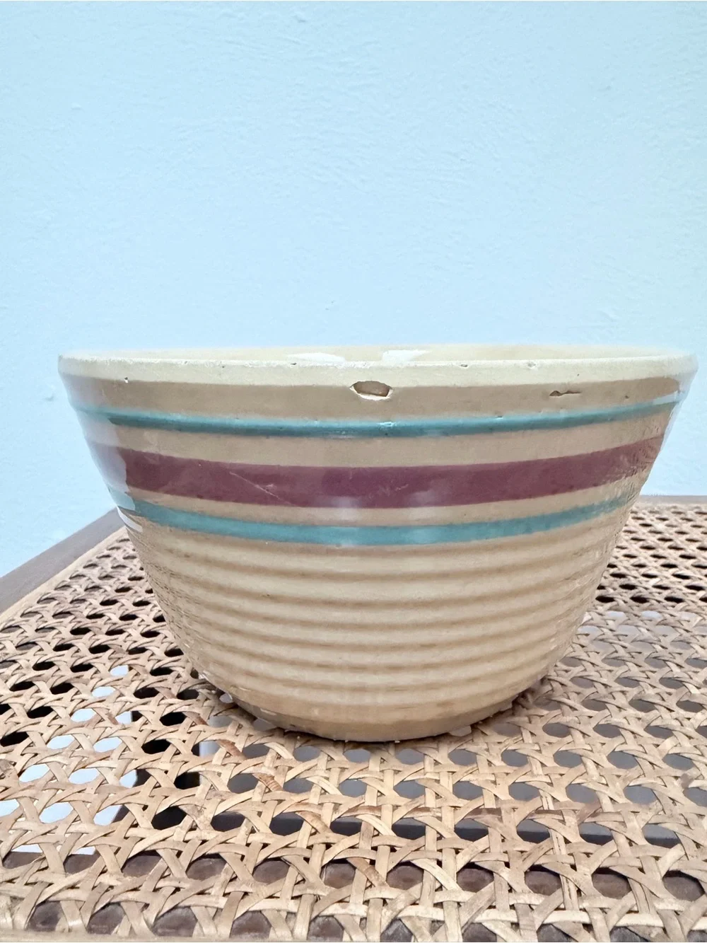 Watt Beehive pink and blue striped mixing bowl set, size 6 and 7, vintage